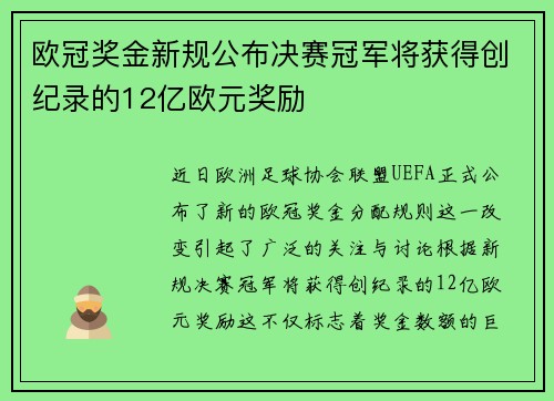 欧冠奖金新规公布决赛冠军将获得创纪录的12亿欧元奖励